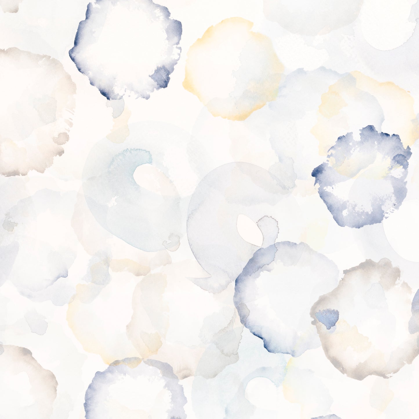 Pattern of watercolor circles in blue, white, and yellow on a light background