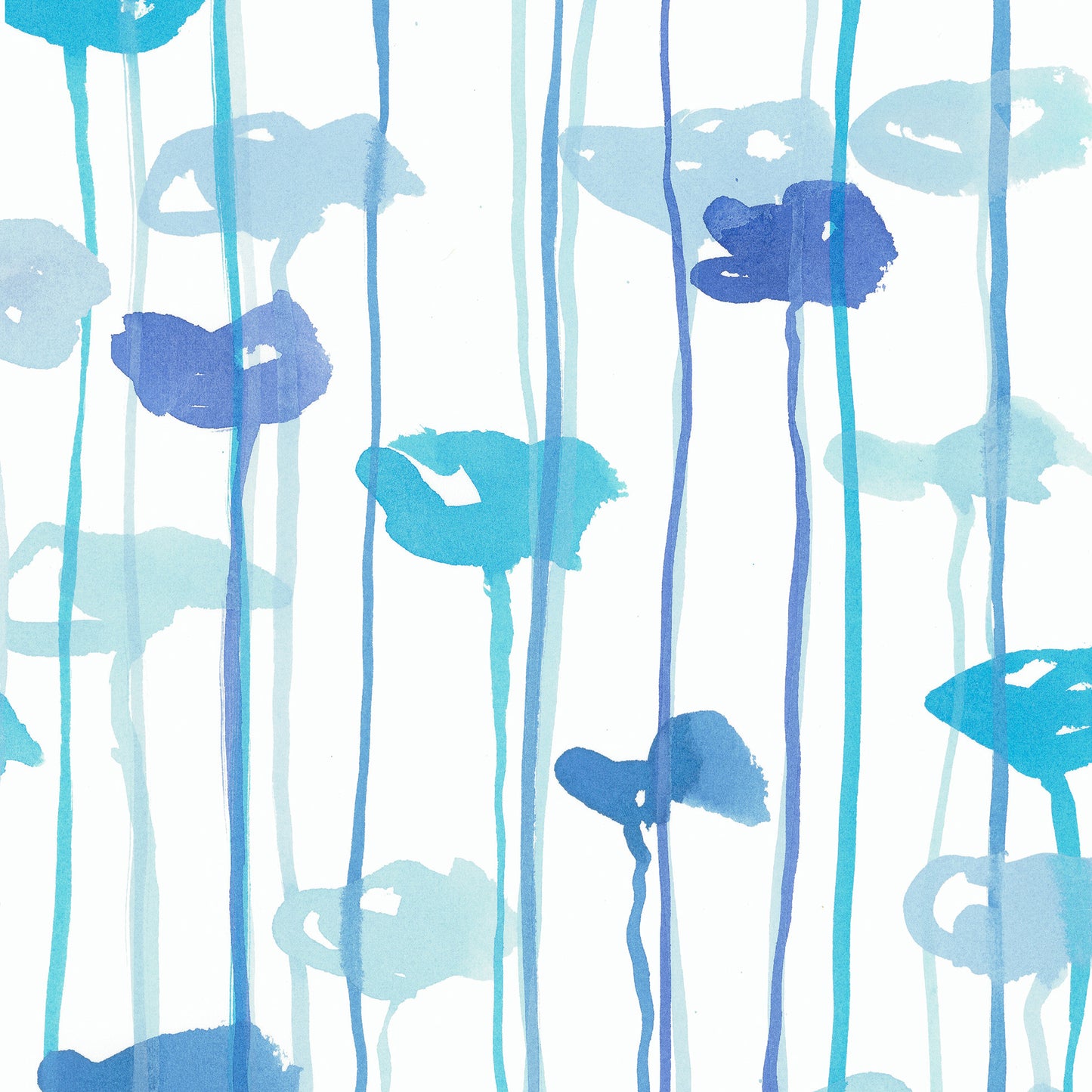Pattern of blue and light blue abstract flowers on a white background