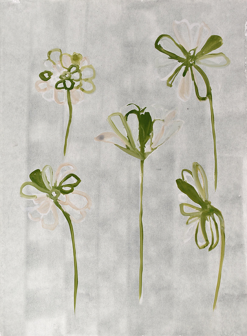 painting of green and white flowers on a textured gray background