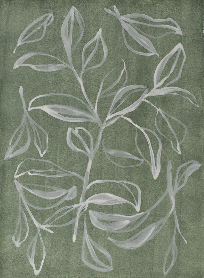 White leaf painting on a green background