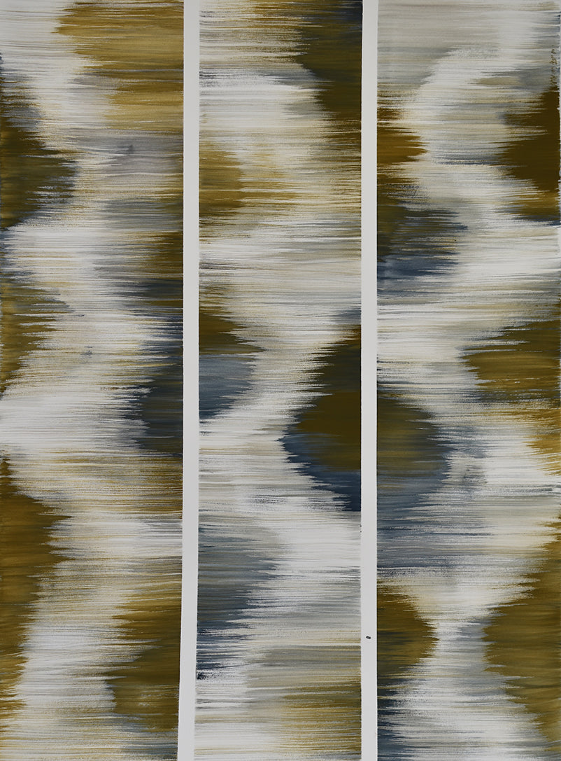 Abstract painting with wavy lines in brown, white, and blue on a white background