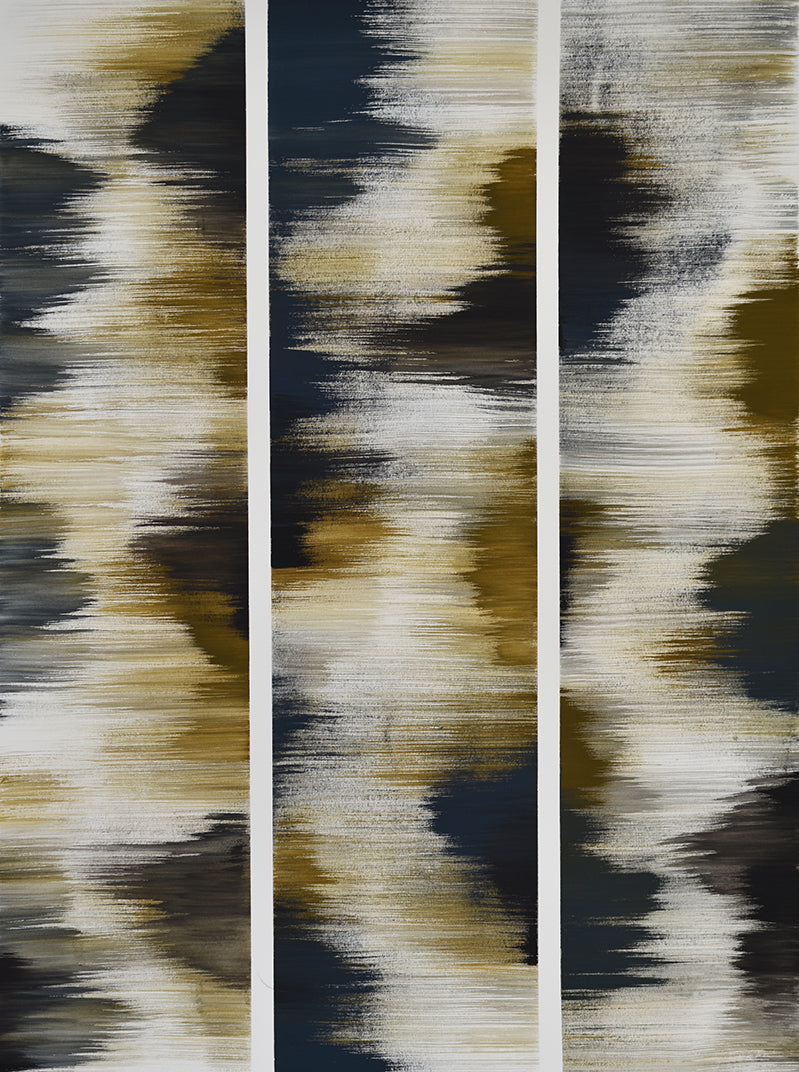 Abstract painting with brown, black, and white patterns on a white background