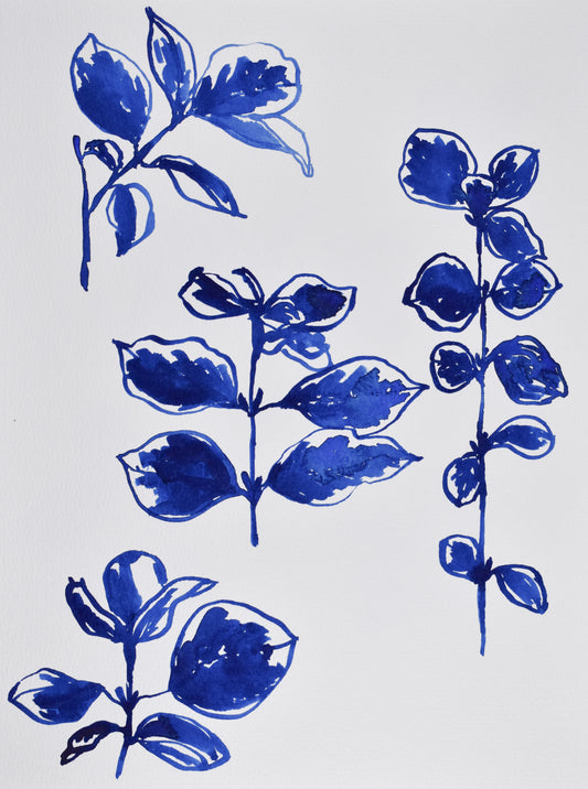 Blue floral painting on a white background