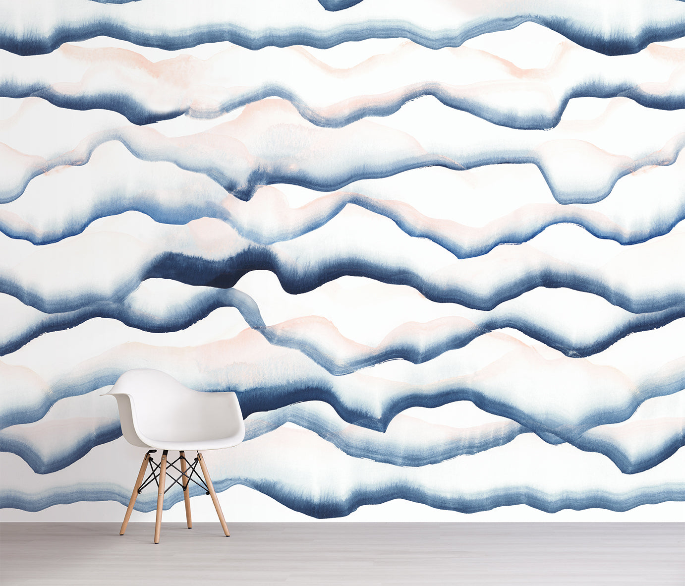 Wallpaper with wavy blue and white pattern on a plain background