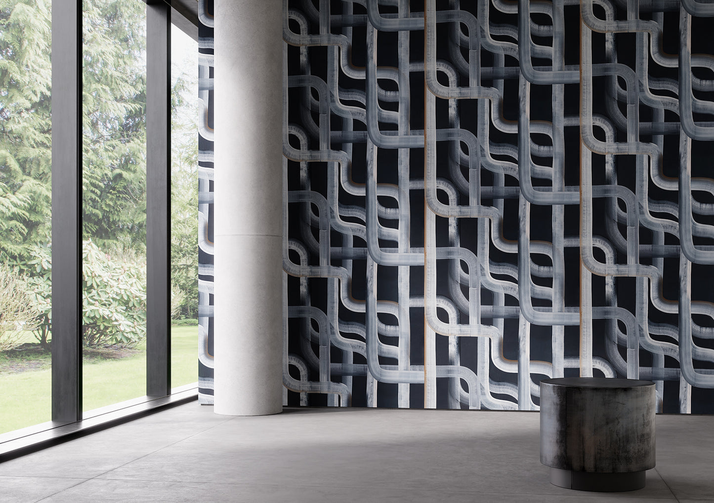 Modern interior with black geometric wall design and large windows