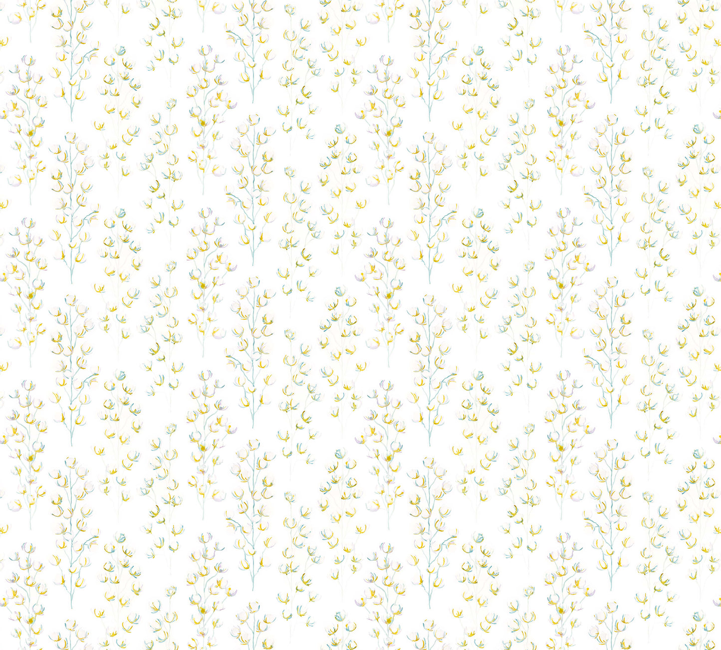 Floral branches in green and blue on white background