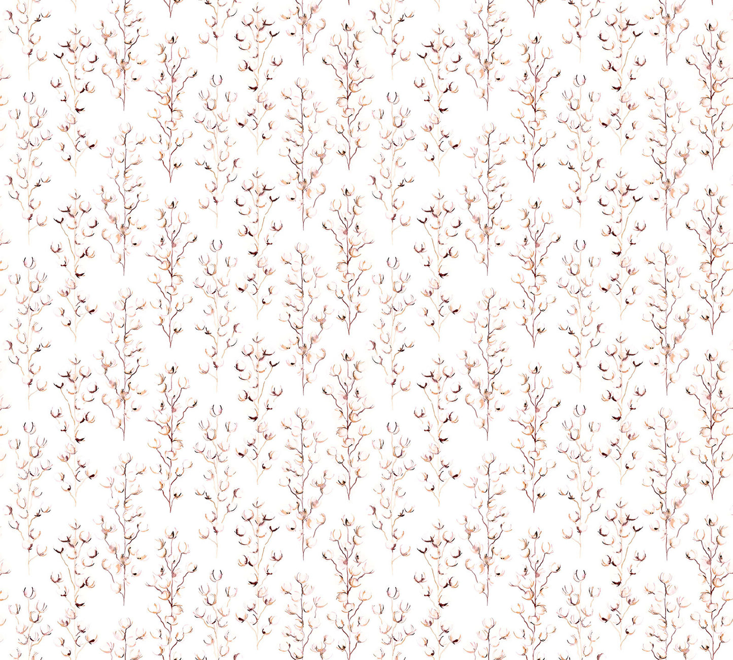 Pattern of thin branches with small pink buds on a light background