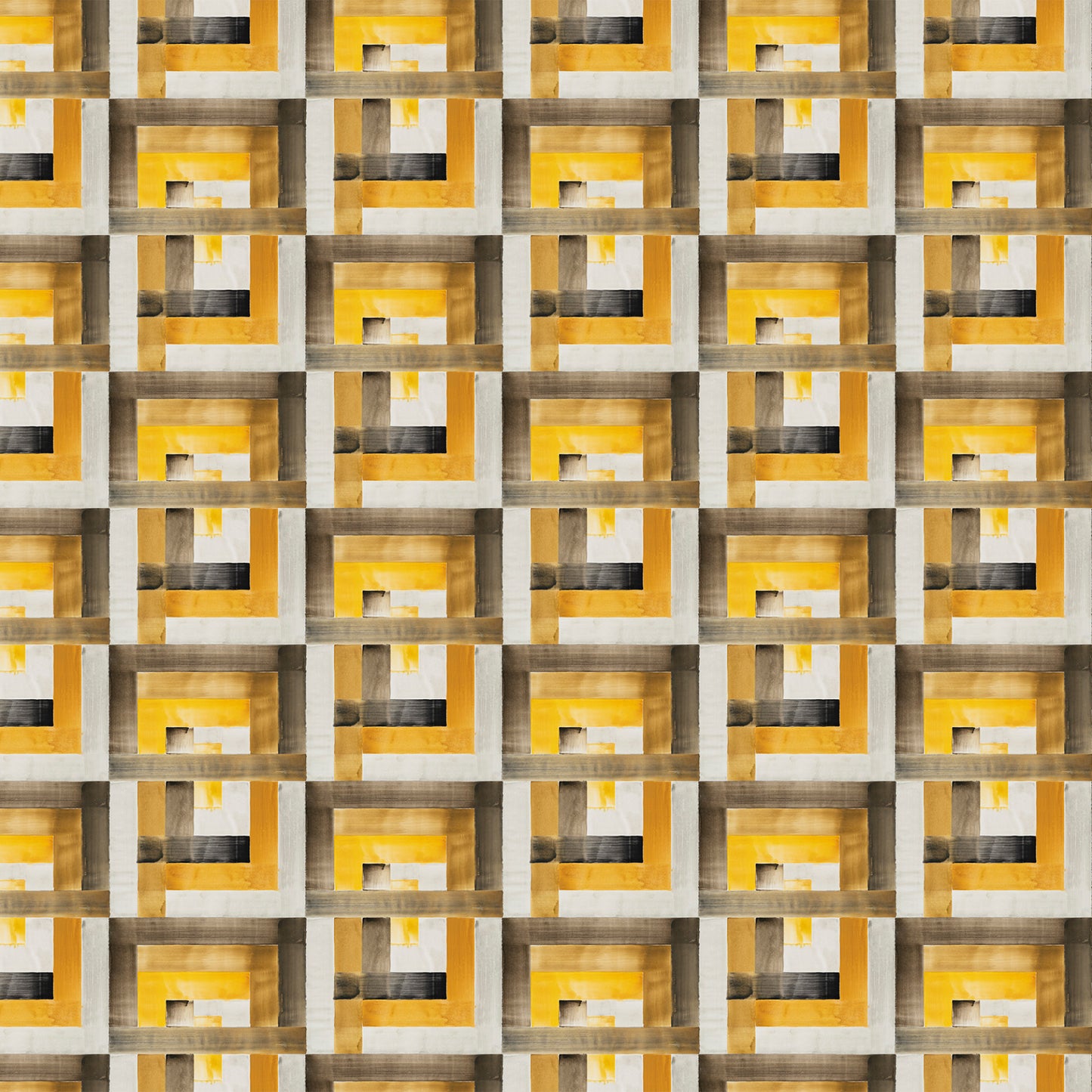Pattern of geometric shapes in yellow, brown, and gray on a grid.