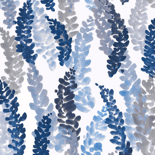 Pattern of blue and gray leaves on a white background