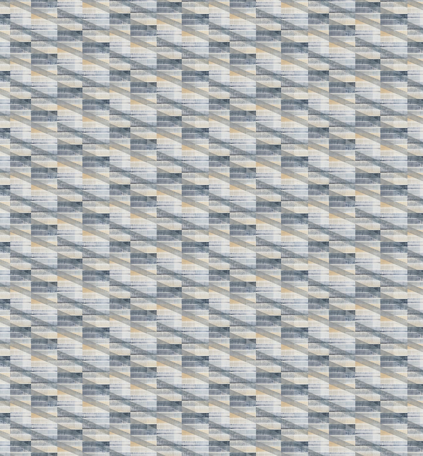 Patterned fabric with a geometric design in gray, blue, and beige tones.