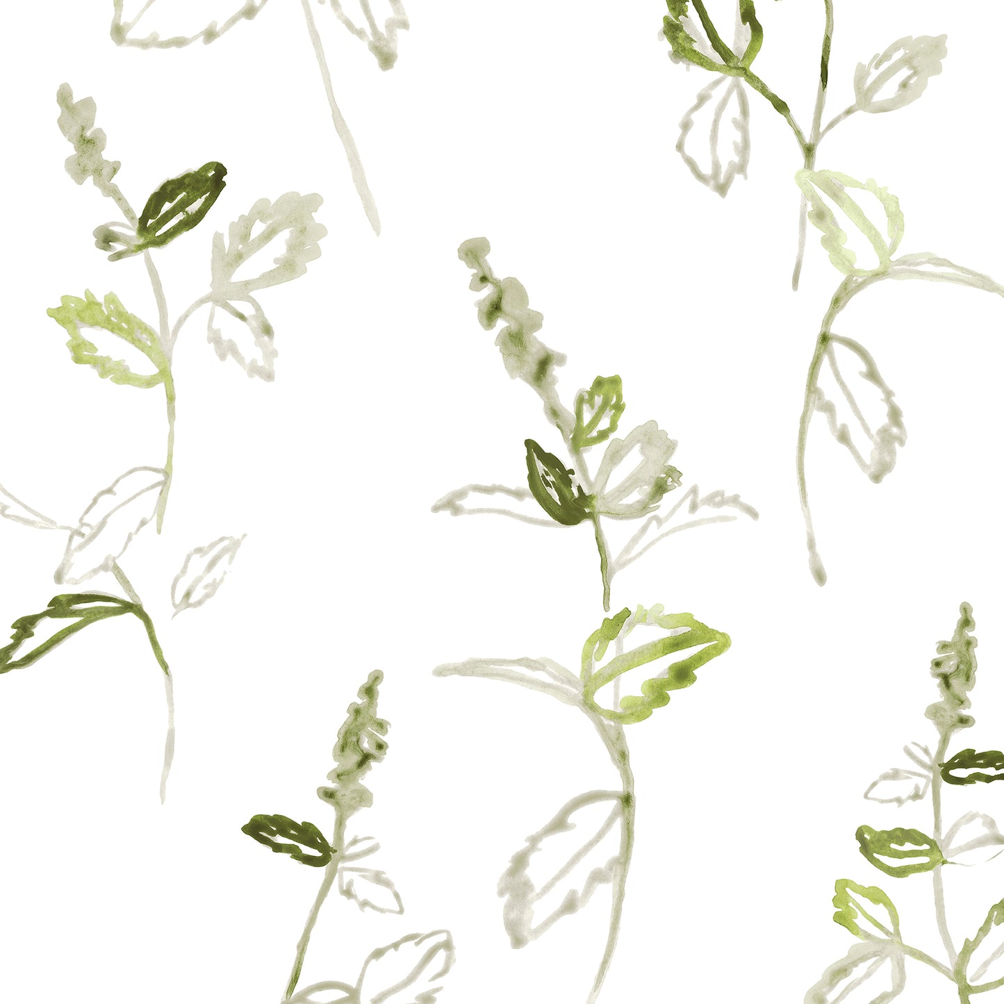 Floral pattern with green leaves and white flowers on a white background