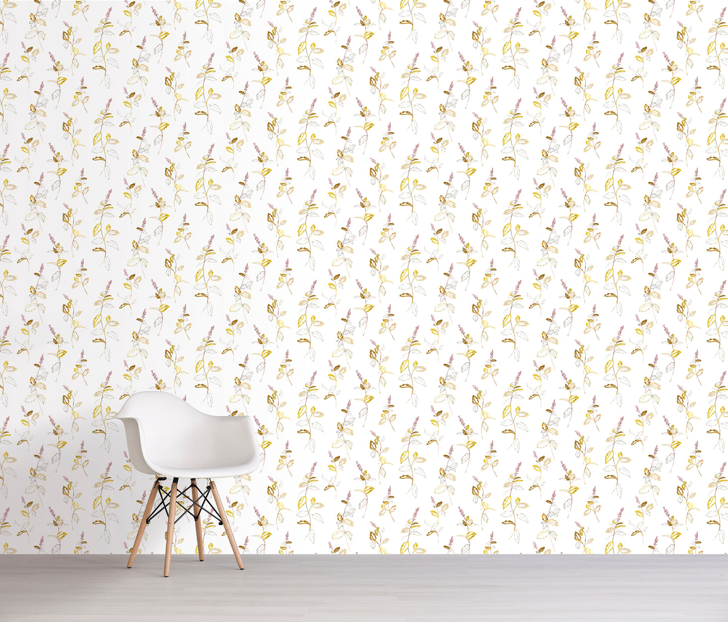 White wall with a pink floral patterned wallpaper and a white chair in front.