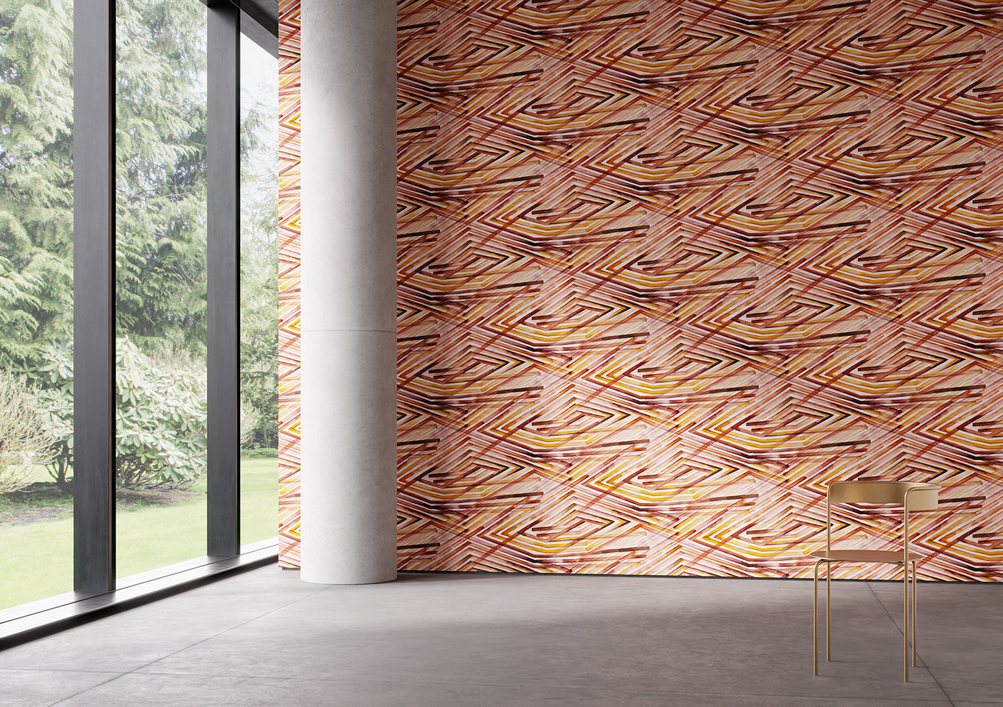 Modern interior with a orange patterned wall and large windows