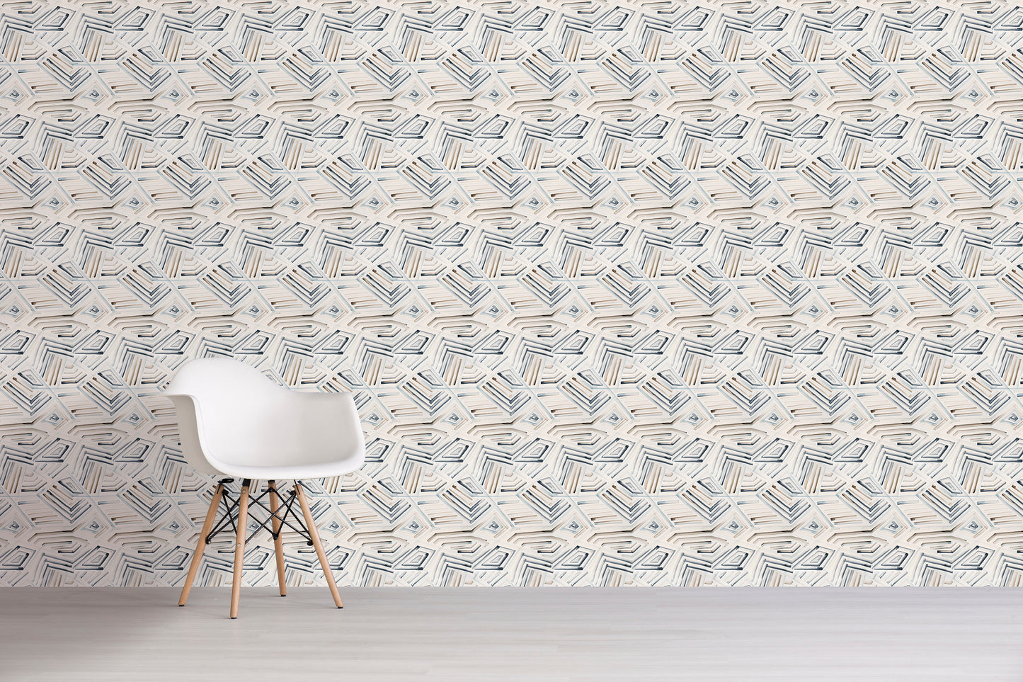 Patterned grey and blue wallpaper with a chair in front
