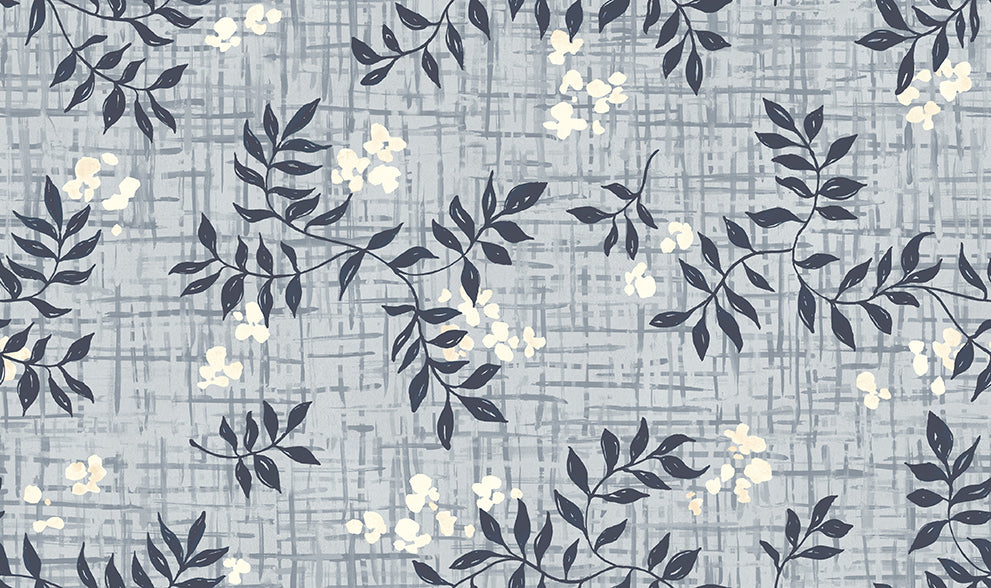 Blue floral pattern with leaves and small flowers on a textured blue background