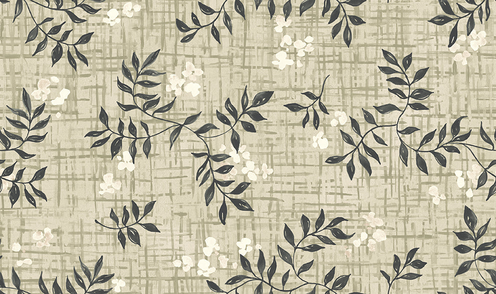 Pattern of green leaves and flowers on a textured beige background