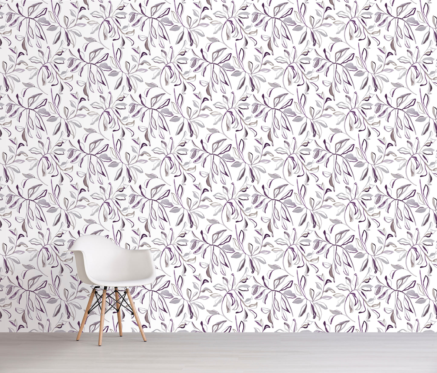 Wallpaper with a lavender floral pattern in white on a plain wall with a chair in front.