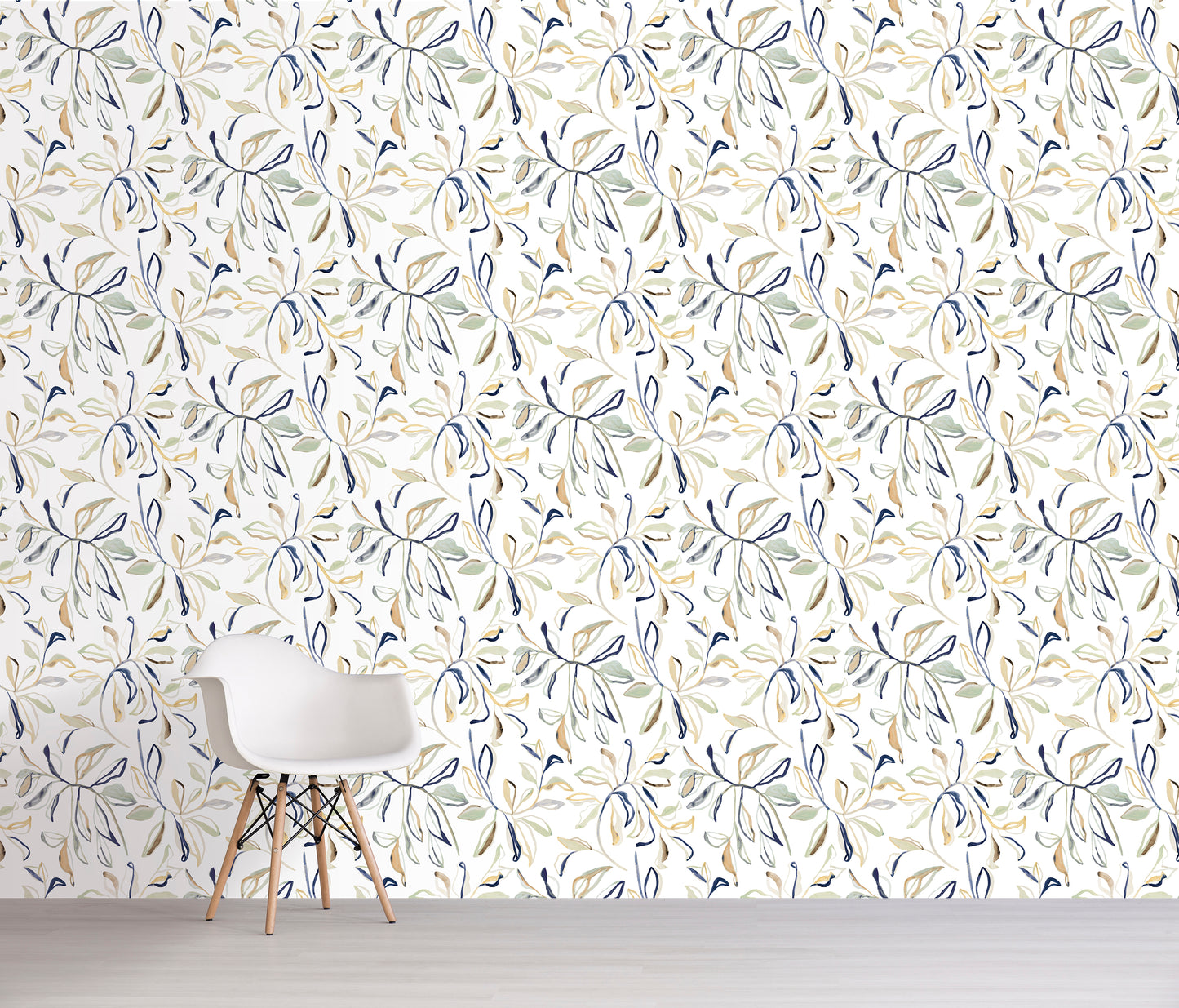 Floral patterned blue and green wallpaper with a chair in front
