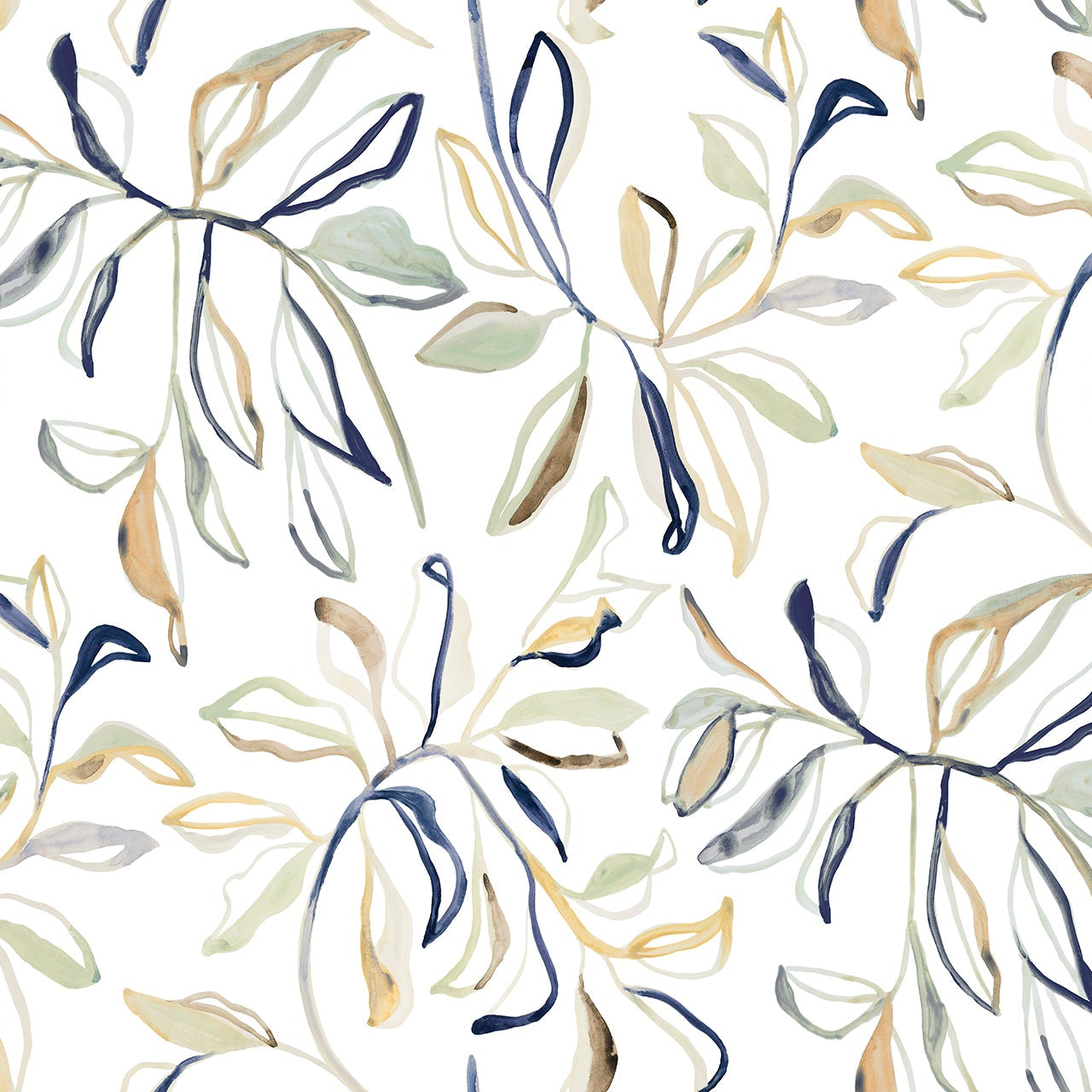 Pattern of stylized leaves in blue, green, and beige on a white background