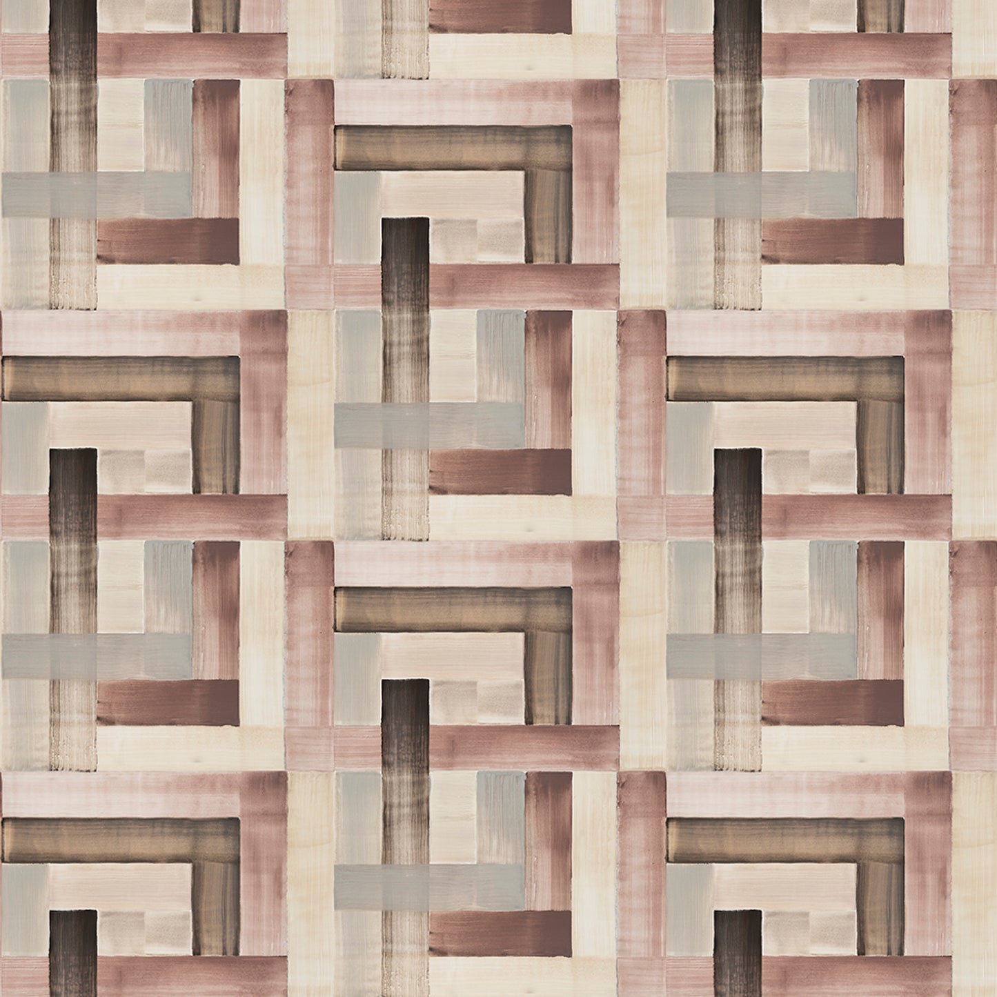 Patterned wallpaper with a geometric design in shades of brown and beige.