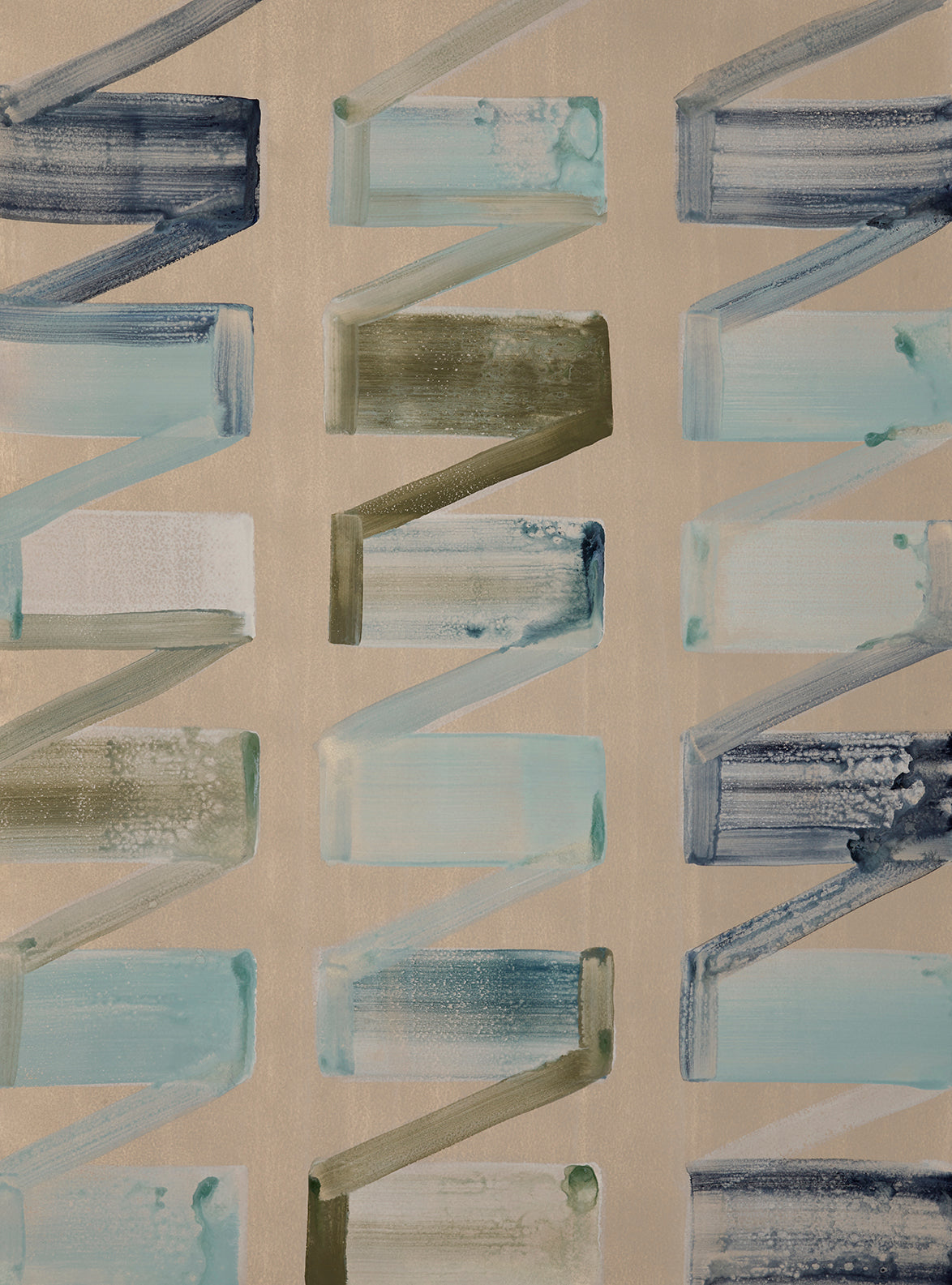 Patterned painting with abstract shapes in blue, green, and beige on a beige background
