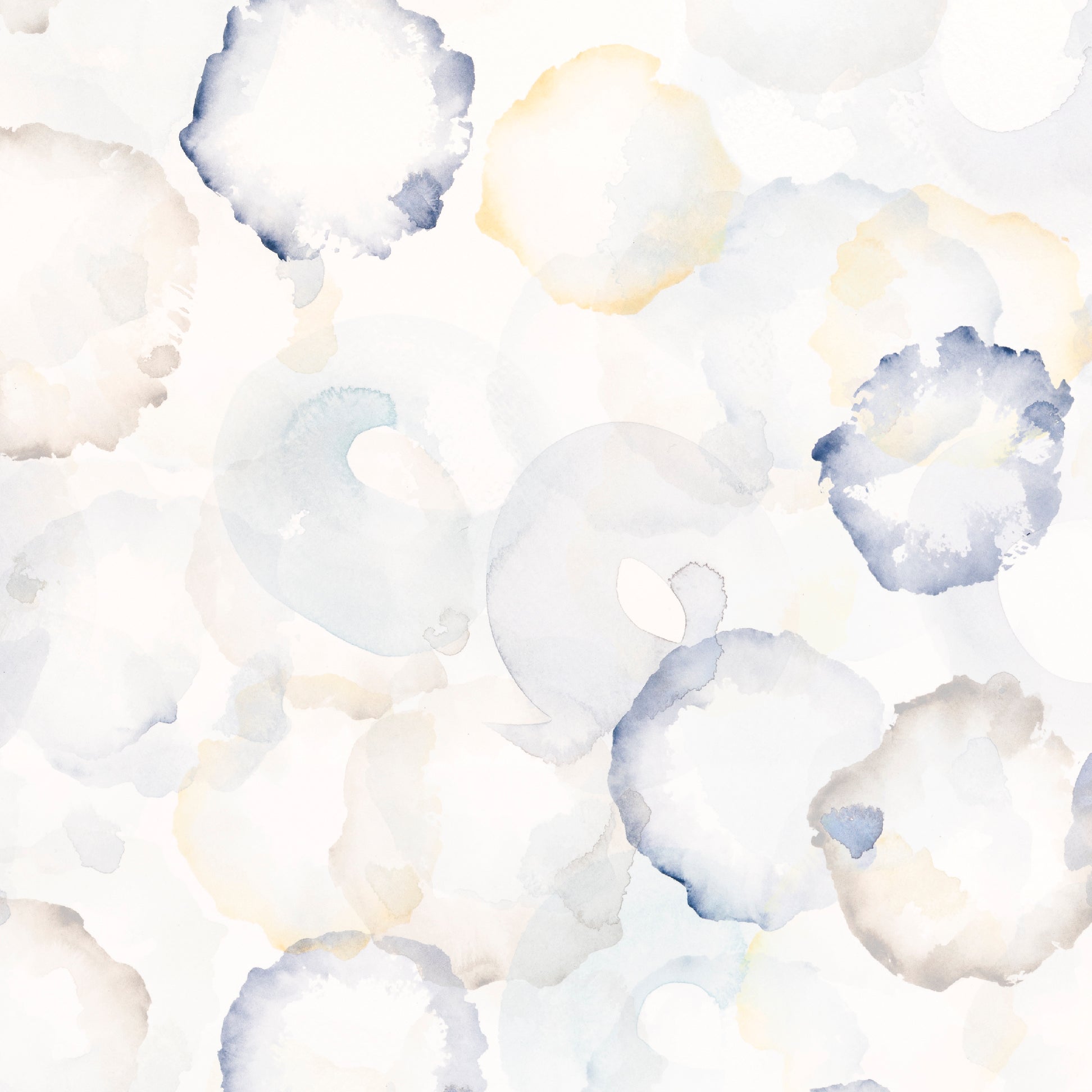 Pattern of watercolor circles in blue, white, and yellow on a light background