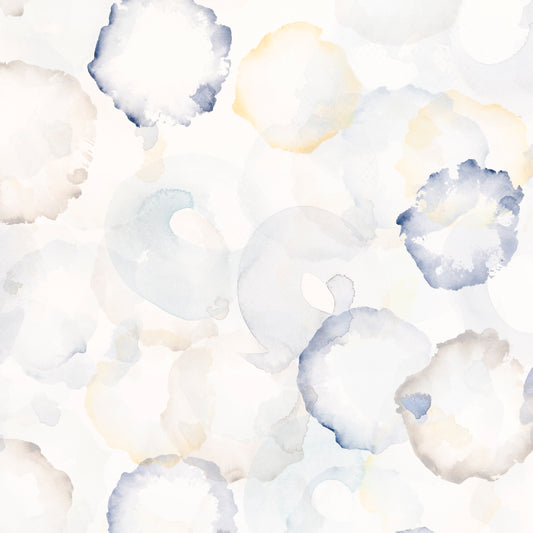 Pattern of watercolor circles in blue, white, and yellow on a light background