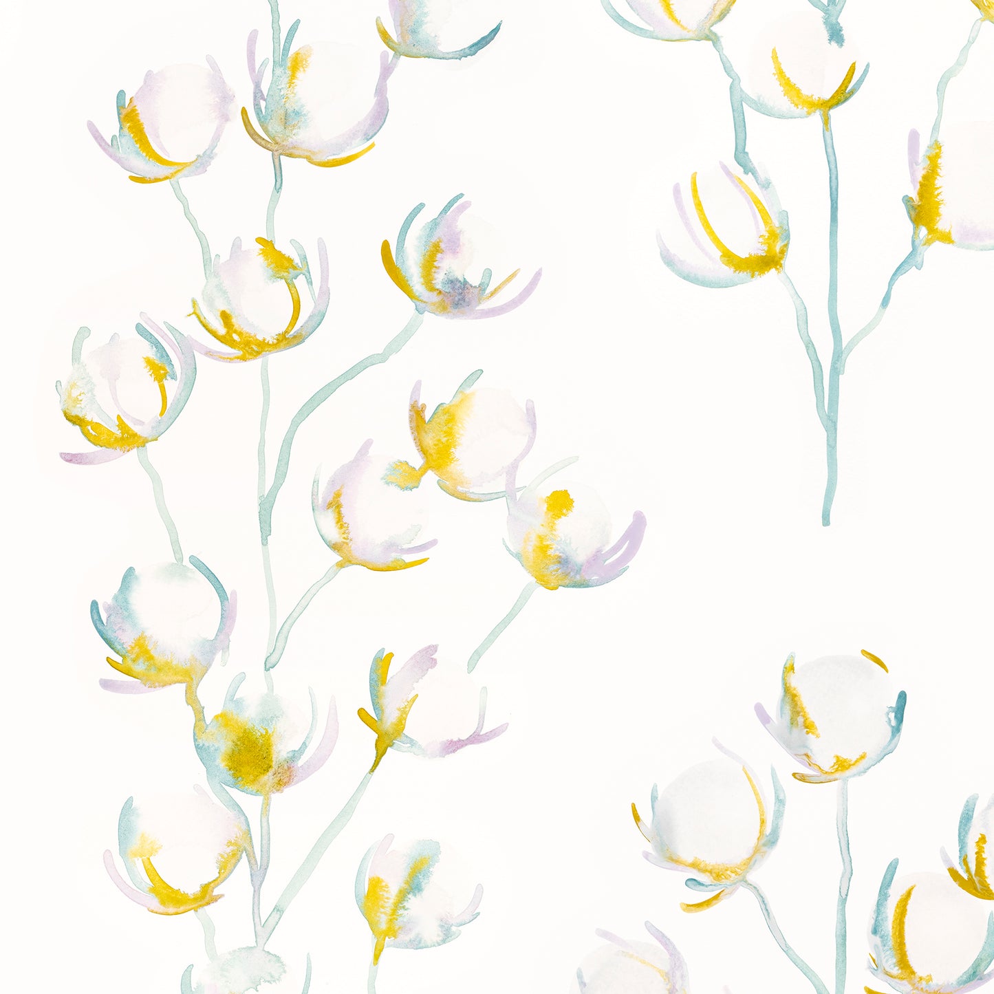 Pattern of blue, purple and yellow flowers on a white background