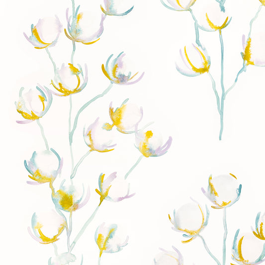 Pattern of blue, purple and yellow flowers on a white background