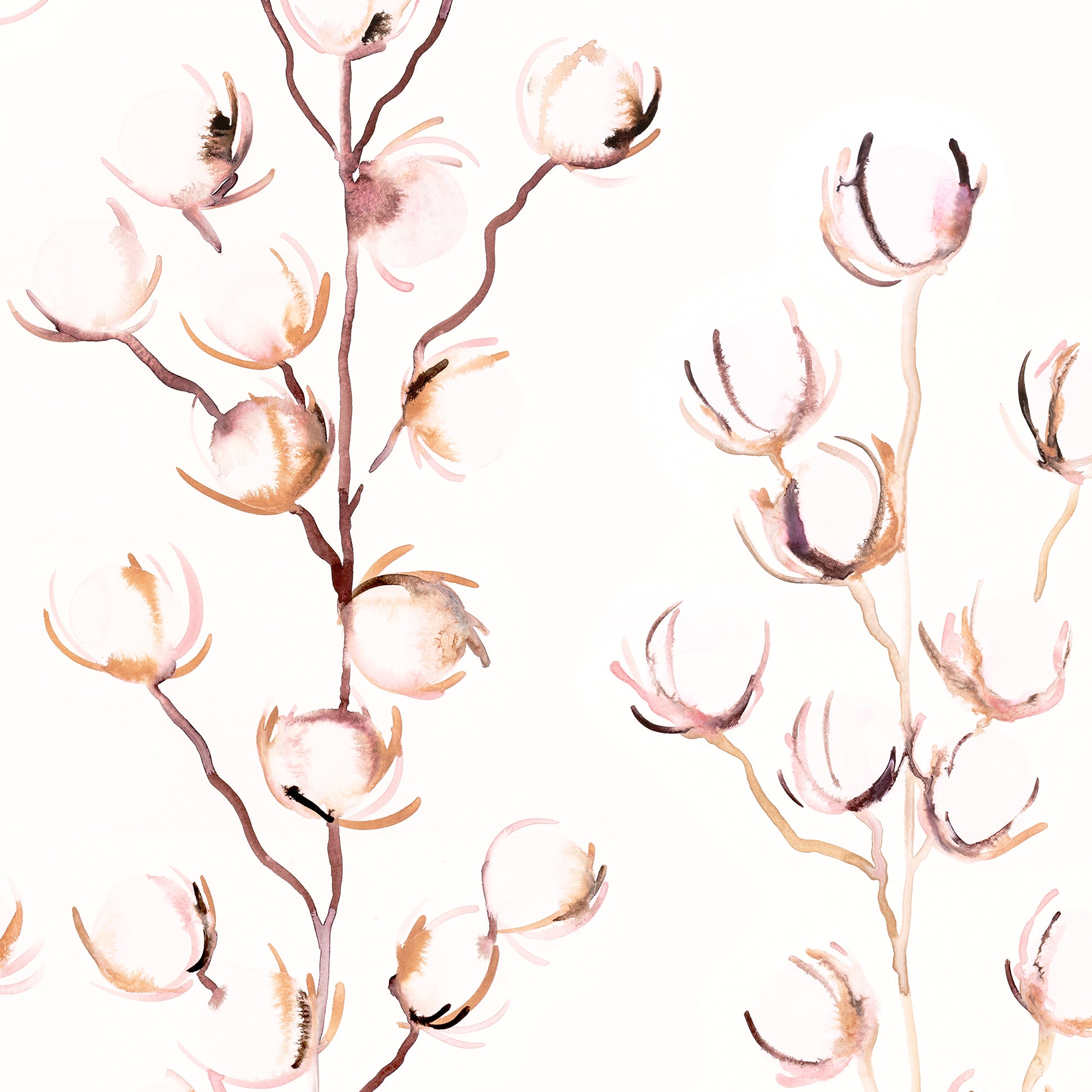 Decorative pattern of pink flowers and branches on a white background