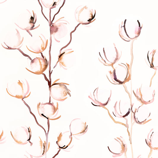 Decorative pattern of pink flowers and branches on a white background