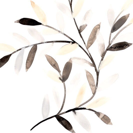Decorative grey and netutral leaf patterns on a white background