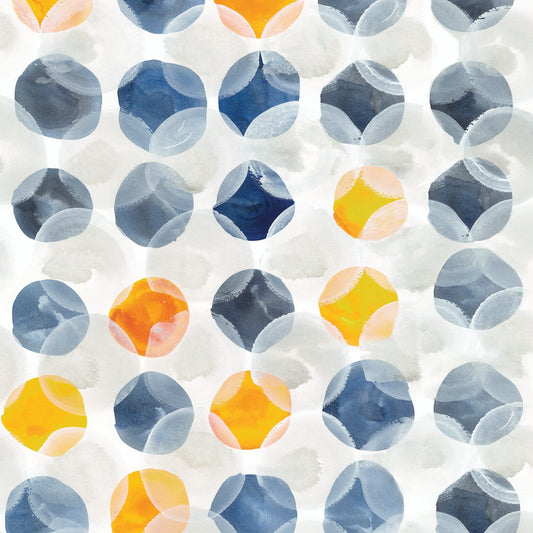 Pattern of blue and yellow circular geometric shapes on a white background