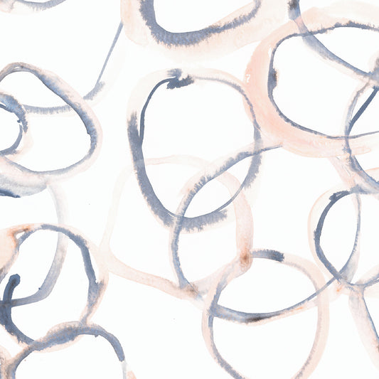 Abstract pattern of interconnected circles in blue and pink on a light background