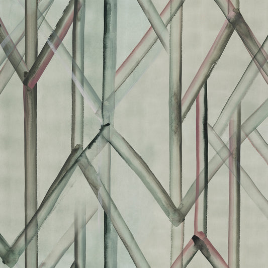 Abstract art with intersecting green lines on a light background