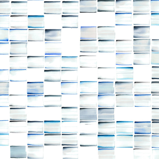 Mosaic pattern of blue and white rectangular tiles on a white background