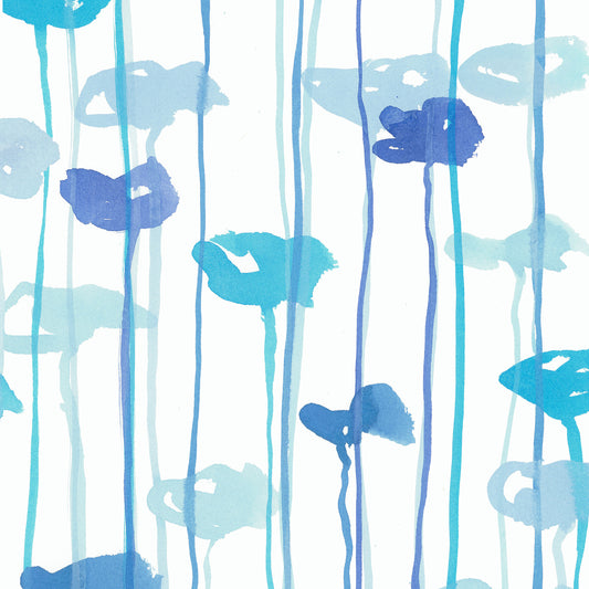 Pattern of blue and light blue abstract flowers on a white background