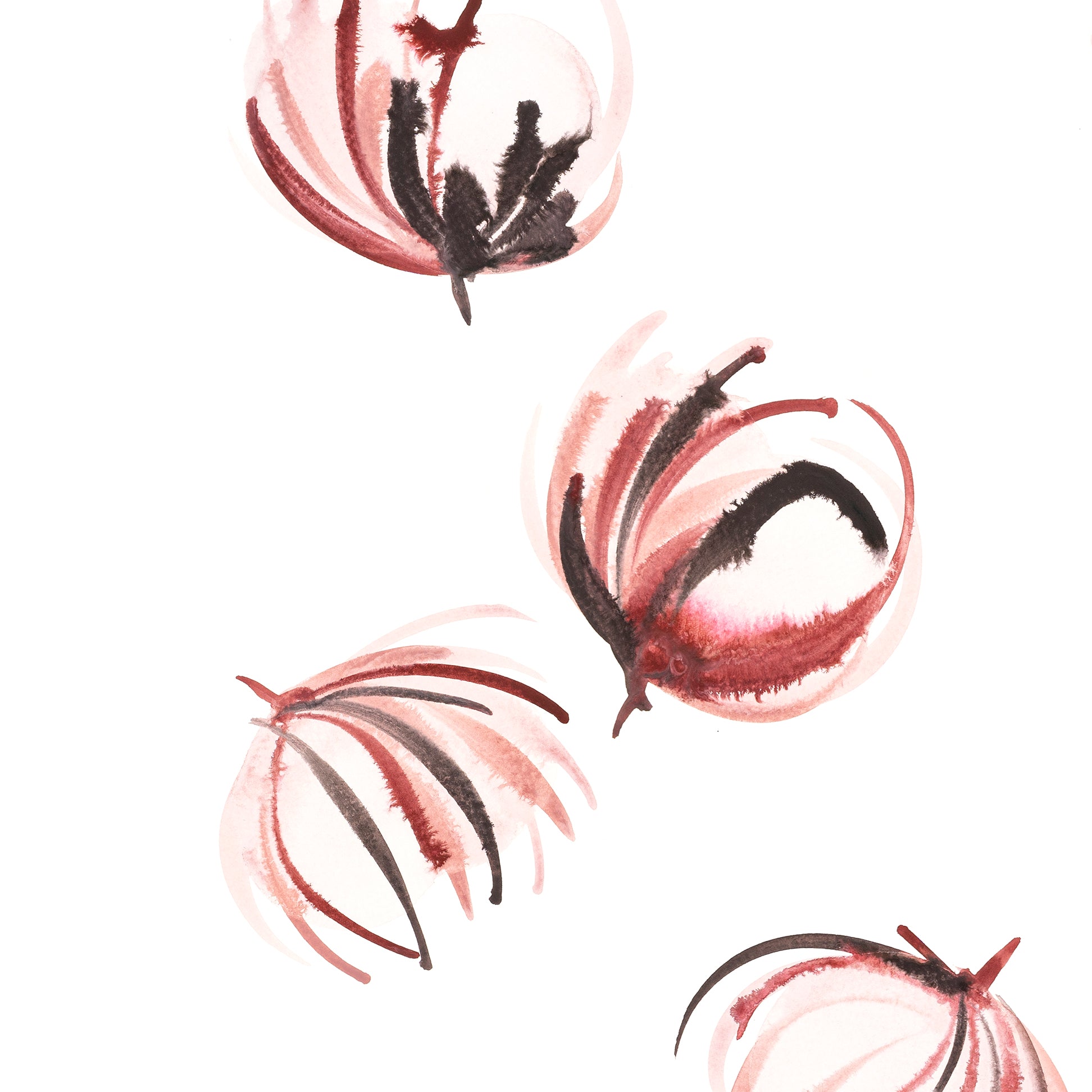 Decorative pattern of stylized flowers in pink and black on a white background