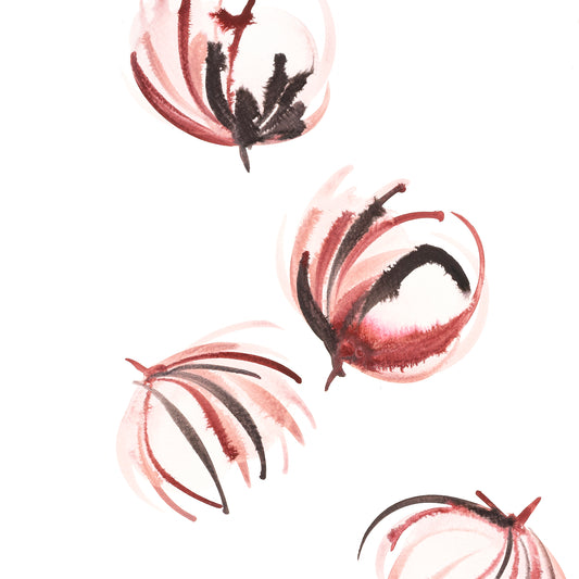 Decorative pattern of stylized flowers in pink and black on a white background