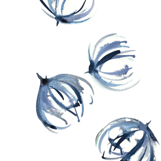 Blue abstract floral designs on a white background