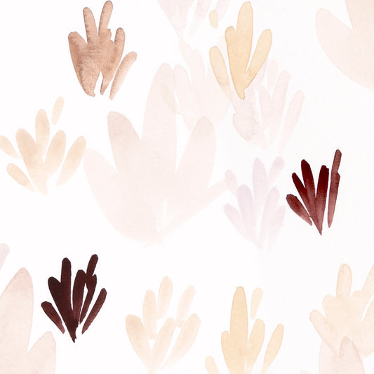 Pattern of abstract floral shapes in brown, beige, and red on a light background