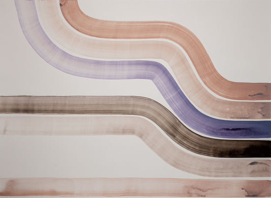 Abstract painting with wavy lines in brown, purple, and pink on a light background