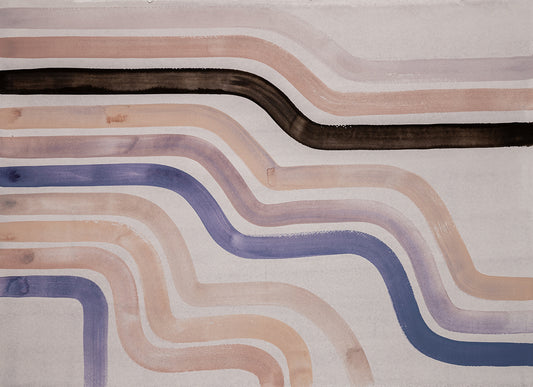 Abstract painting with wavy lines in brown, blue, and beige on a light background
