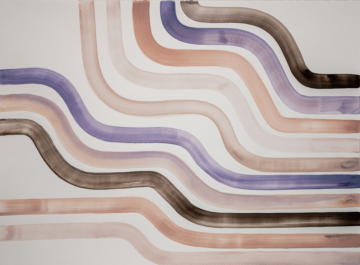 Abstract painting with wavy lines in brown, purple, and beige on a light gray background