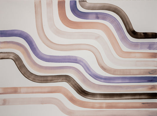 Abstract painting with wavy lines in brown, purple, and beige on a light gray background