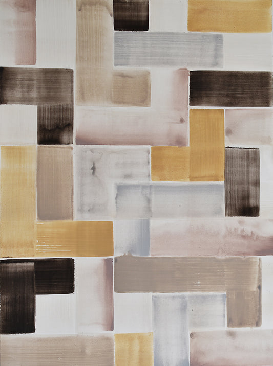 Abstract painting with rectangular color blocks in brown, beige, and gray.