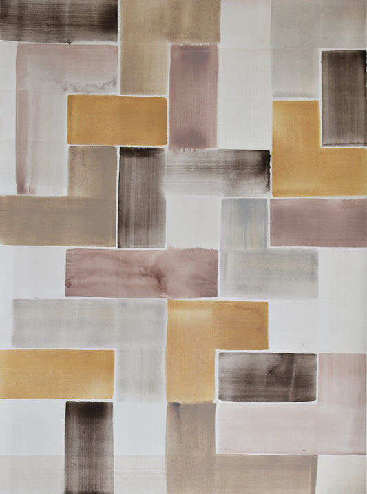 painting with rectangular blocks in brown, beige, and gray on a white background