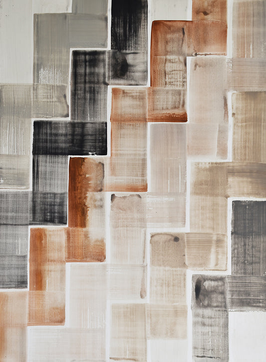 Abstract painting with rectangular brush strokes in brown, black, and beige on a white background