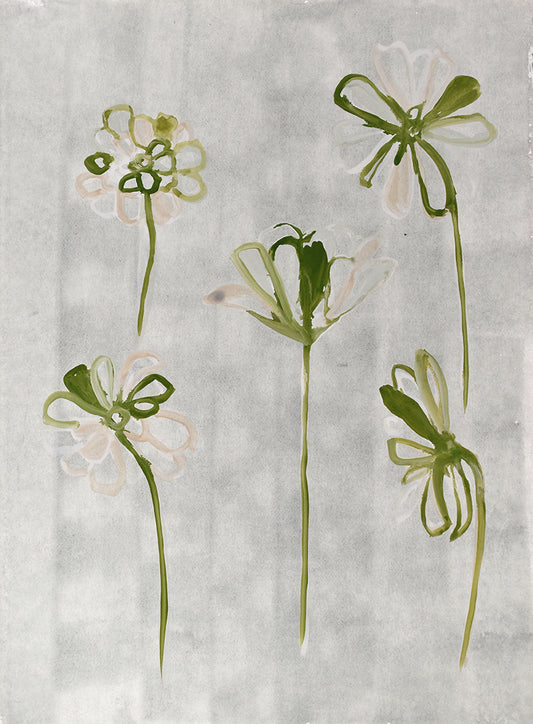 painting of green and white flowers on a textured gray background