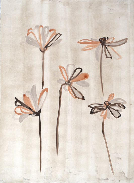 Abstract floral painting with brown, orange, and gray flowers on a textured beige background